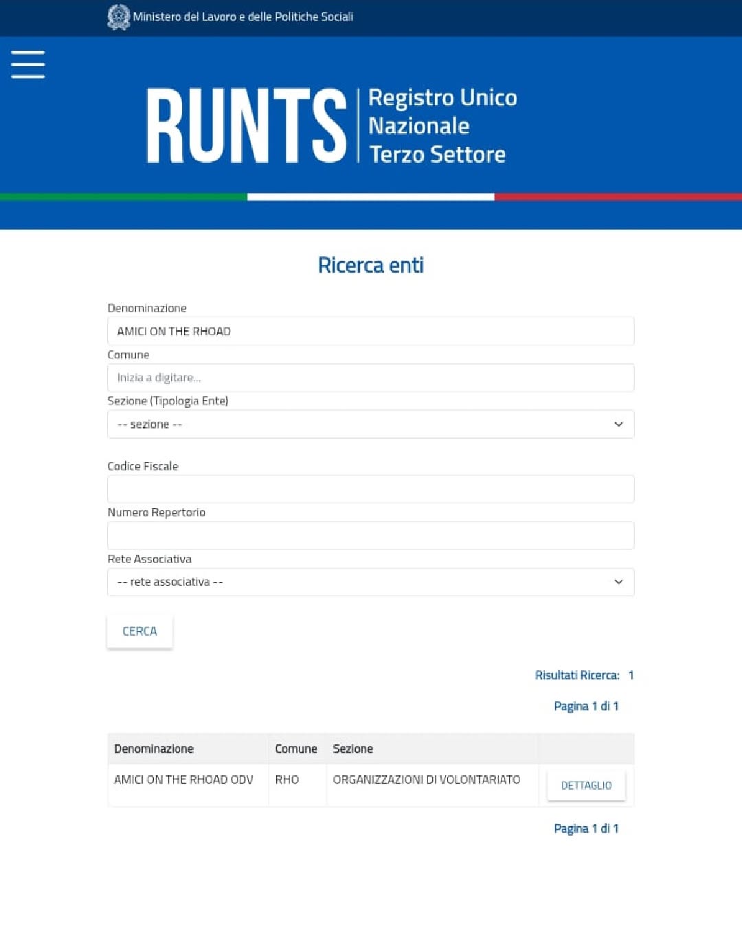 Portale RUNTS - Ricerca e dettaglio di un associazione iscritta al RUNTS