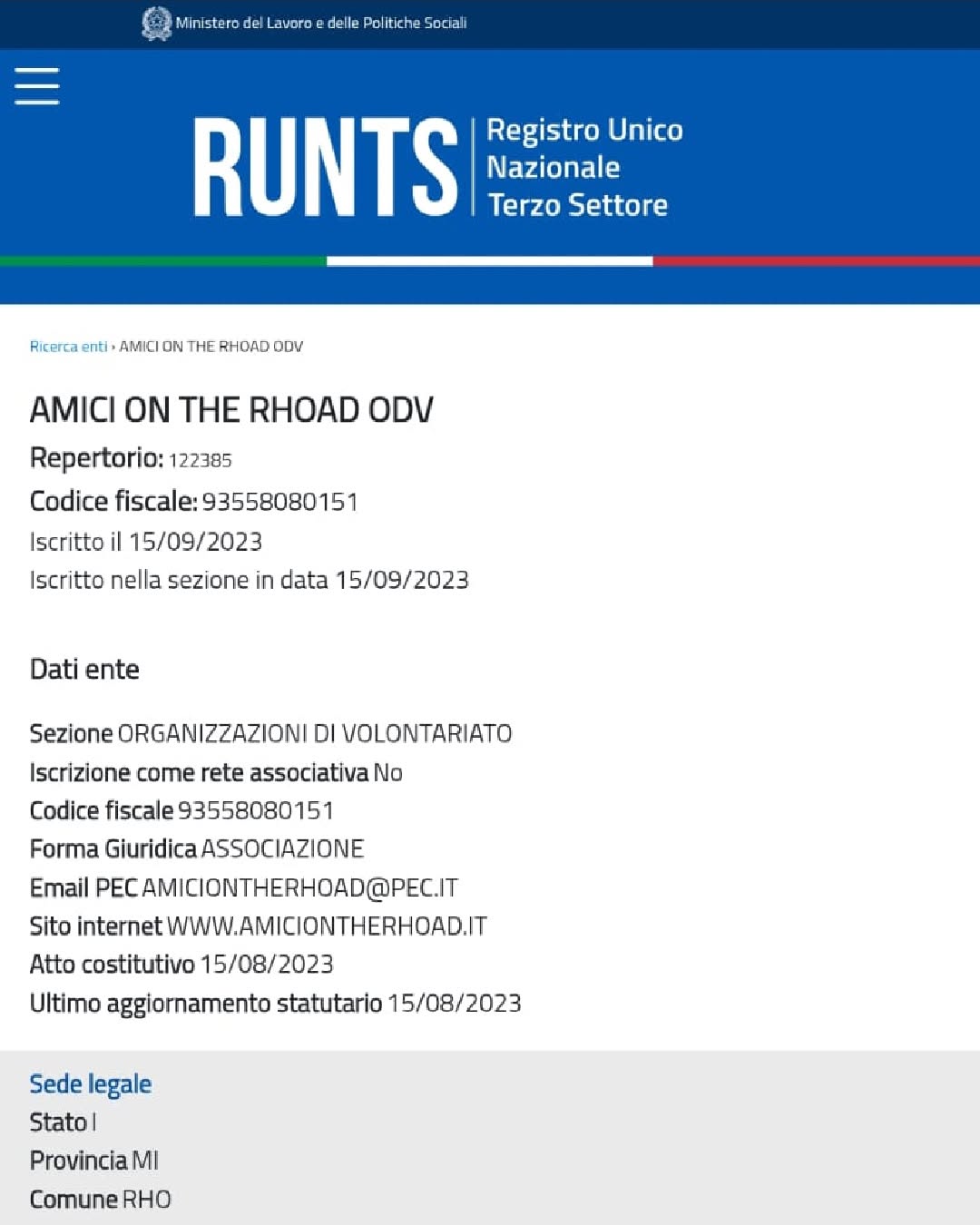 Portale RUNTS - Schermata delle informazioni generali dell'associazione iscritta al RUNTS